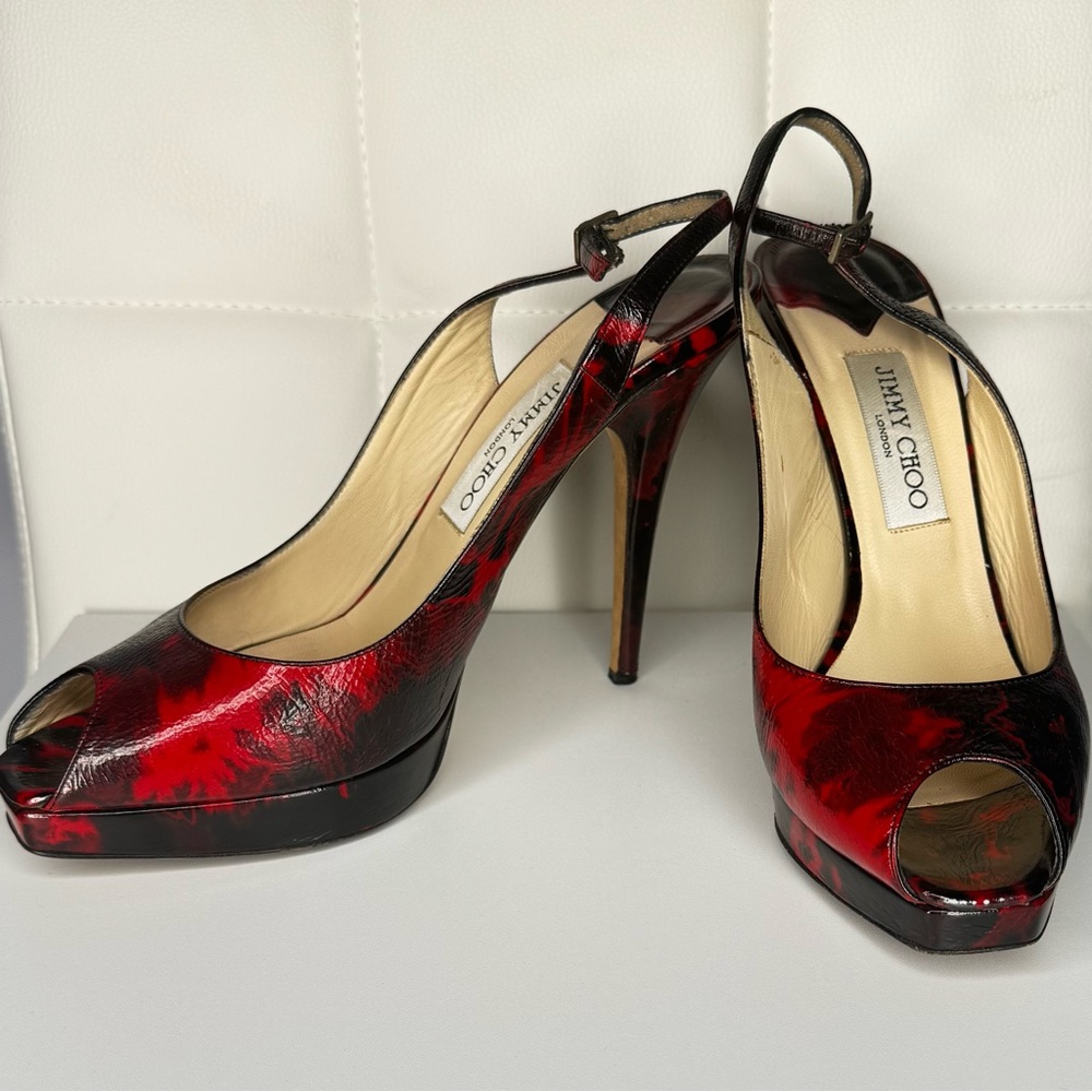 Jimmy Choo Red/Black Patent Leather Clue Peep Toe Slingback Sandals Size 40.5